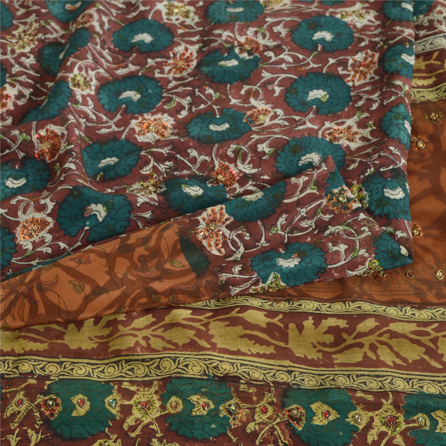 Sanskriti Vintage Sarees Multi Hand Beaded Pure Crepe Silk Printed Sari Sustainable Fabric