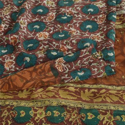 Sanskriti Vintage Sarees Multi Hand Beaded Pure Crepe Silk Printed Sari Sustainable Fabric