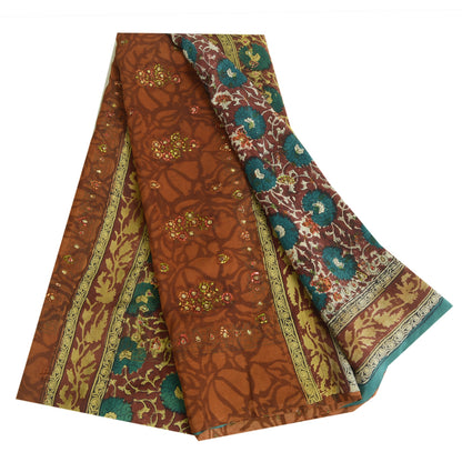 Sanskriti Vintage Sarees Multi Hand Beaded Pure Crepe Silk Printed Sari Sustainable Fabric