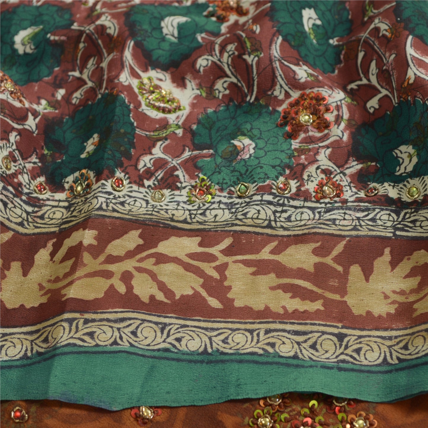 Sanskriti Vintage Sarees Multi Hand Beaded Pure Crepe Silk Printed Sari Sustainable Fabric