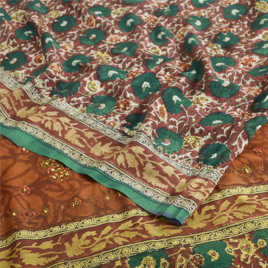 Sanskriti Vintage Sarees Multi Hand Beaded Pure Crepe Silk Printed Sari Sustainable Fabric