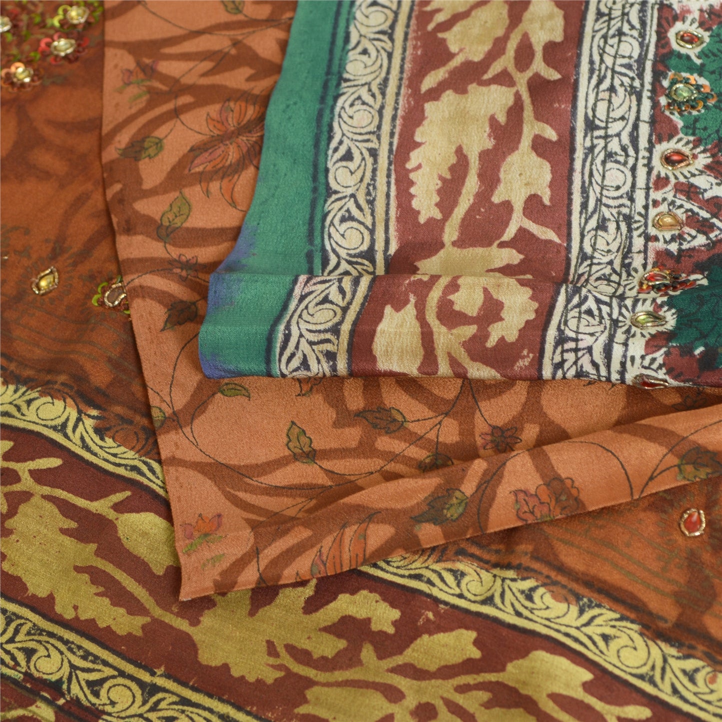 Sanskriti Vintage Sarees Multi Hand Beaded Pure Crepe Silk Printed Sari Sustainable Fabric