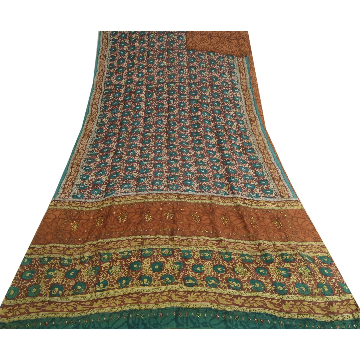 Sanskriti Vintage Sarees Multi Hand Beaded Pure Crepe Silk Printed Sari Sustainable Fabric