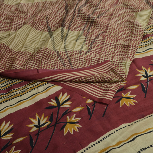 Sanskriti Vintage Sarees Red Pure Crepe Silk Printed Sari 5yd Craft Sustainable Fabric
