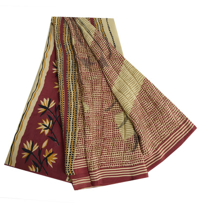 Санскритские винтажные сари из чистого красного крепированного шелка с принтом 5 ярдов ремесленная устойчивая ткань