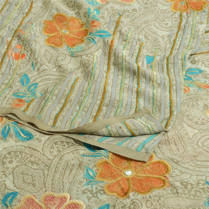 Sanskriti Vintage Sarees Pastel-Green Pure Crepe Embroidered Printed Sari Sustainable Fabric