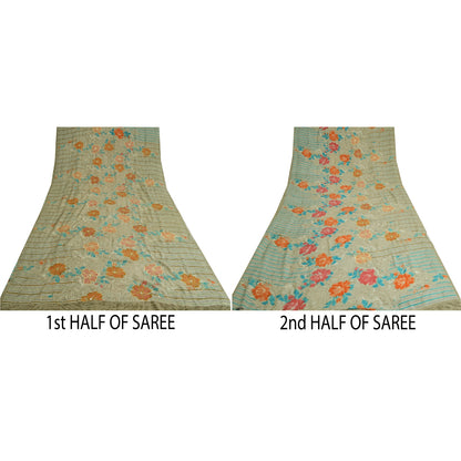 Sanskriti Vintage Sarees Pastel-Green Pure Crepe Embroidered Printed Sari Sustainable Fabric