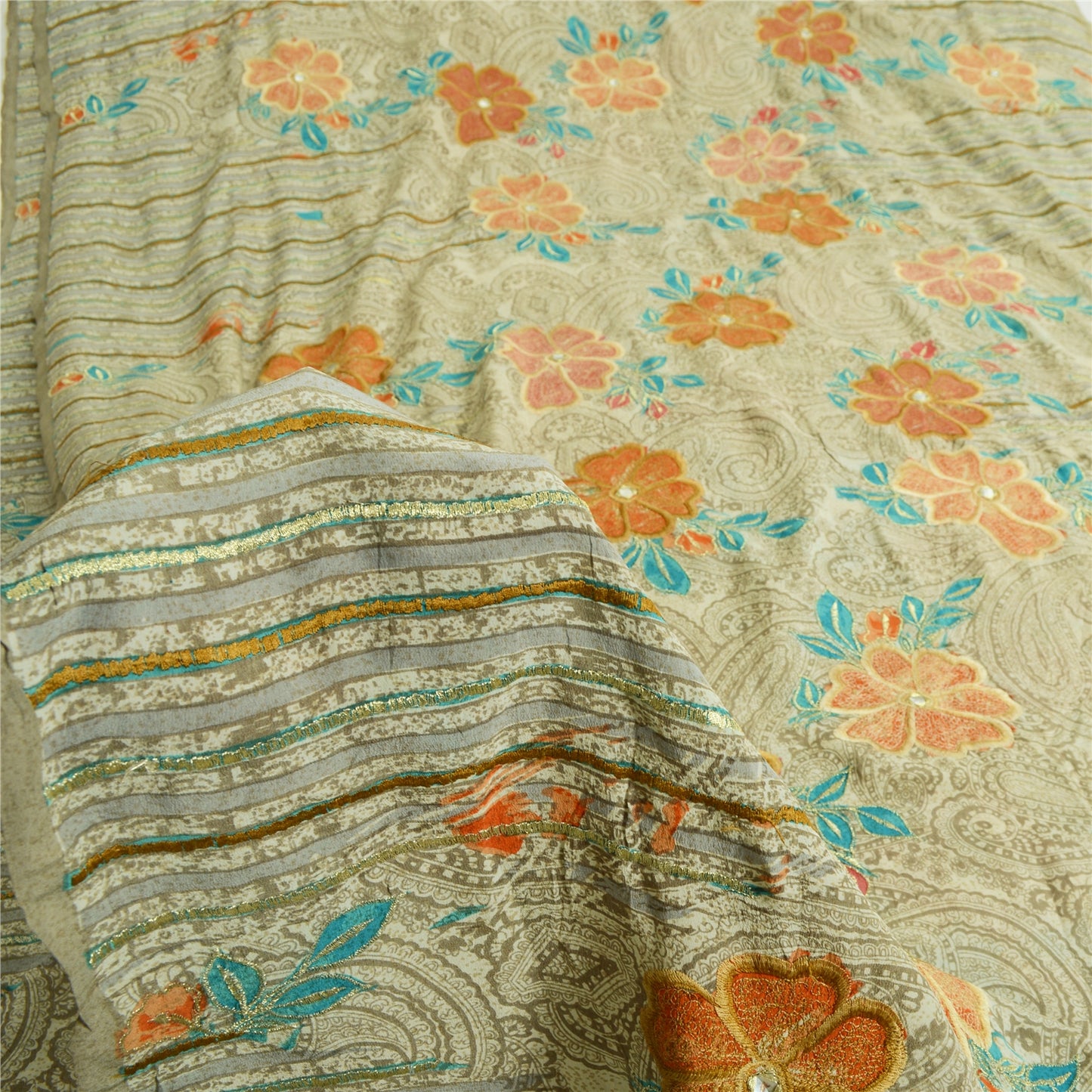 Sanskriti Vintage Sarees Pastel-Green Pure Crepe Embroidered Printed Sari Sustainable Fabric