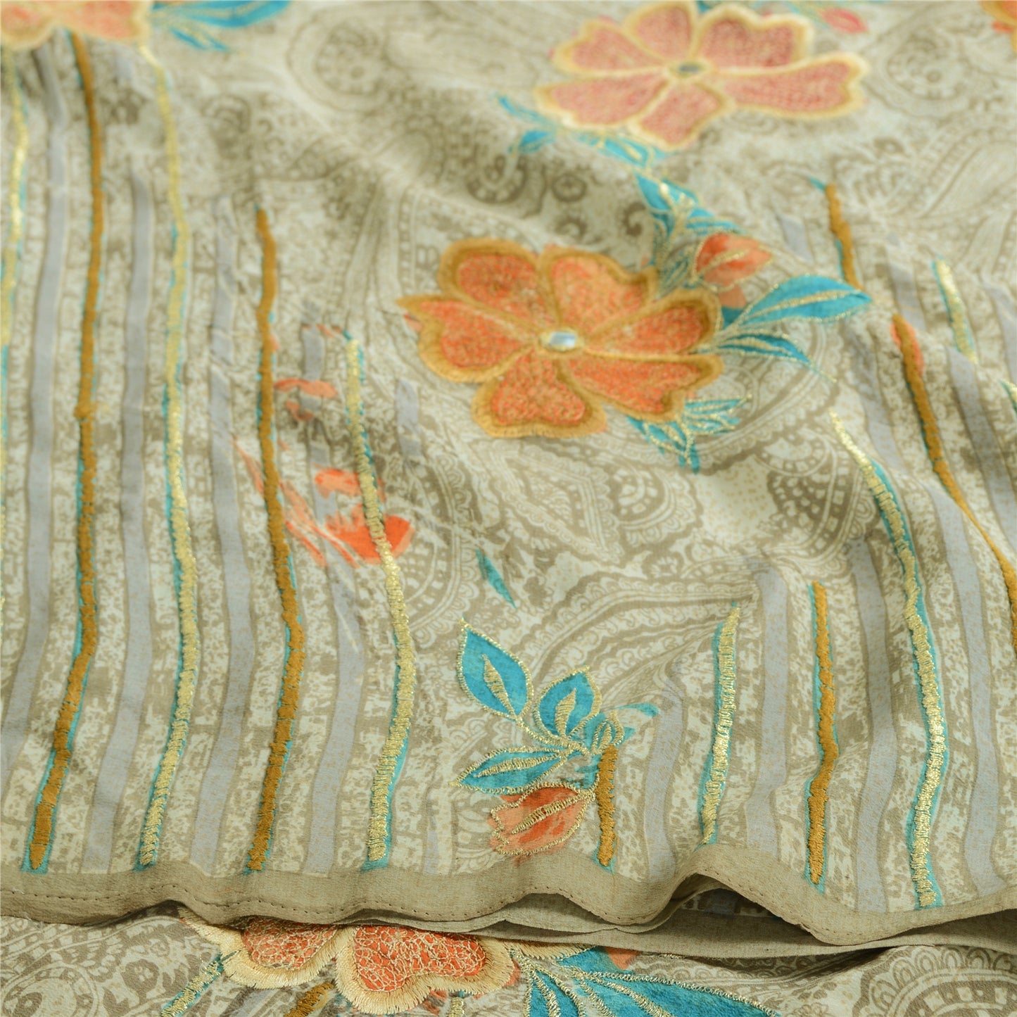 Sanskriti Vintage Sarees Pastel-Green Pure Crepe Embroidered Printed Sari Sustainable Fabric