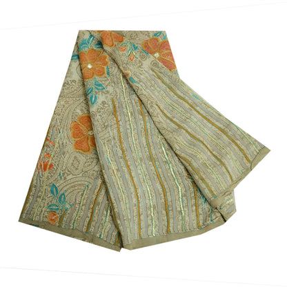 Sanskriti Vintage Sarees Pastel-Green Pure Crepe Embroidered Printed Sari Sustainable Fabric