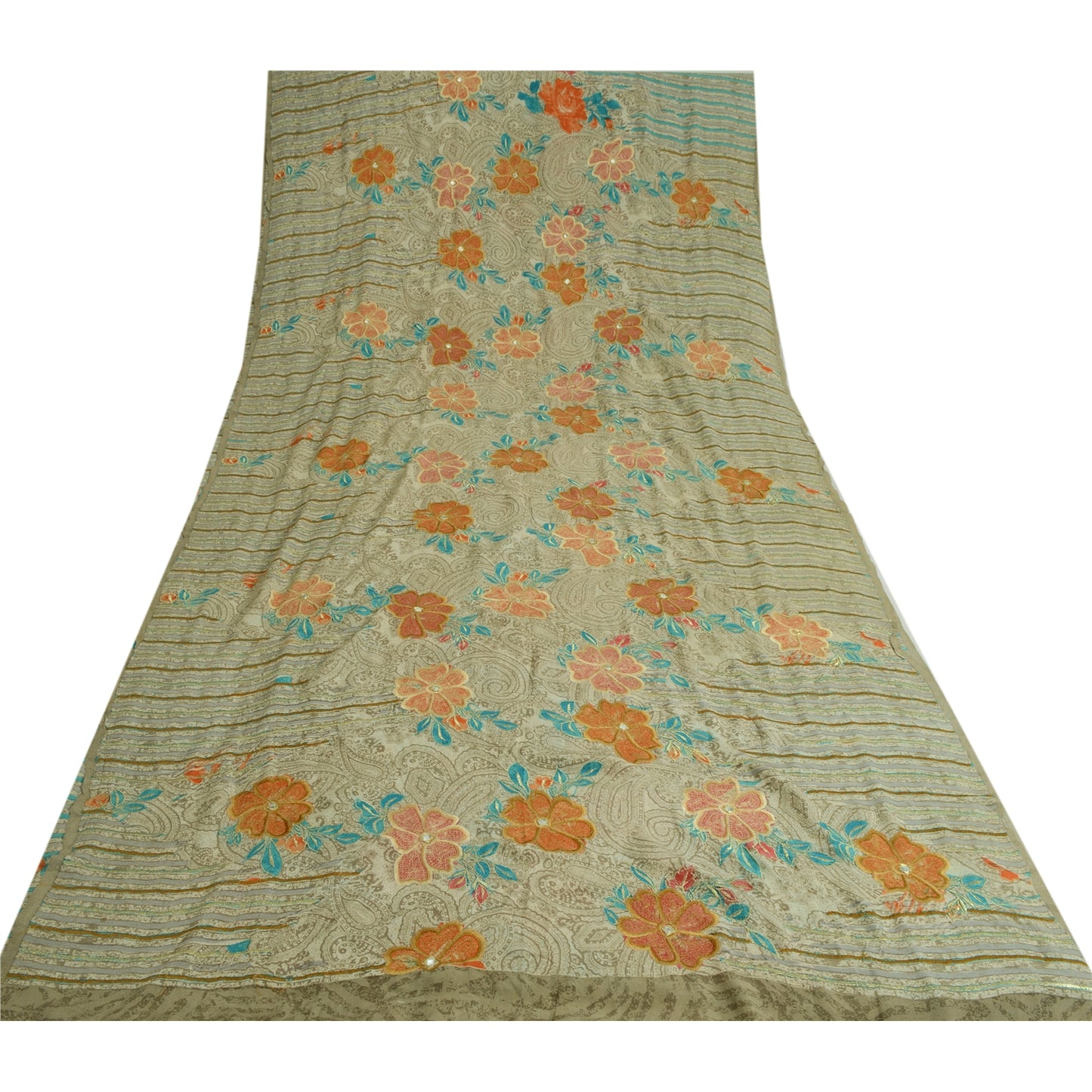 Sanskriti Vintage Sarees Pastel-Green Pure Crepe Embroidered Printed Sari Sustainable Fabric