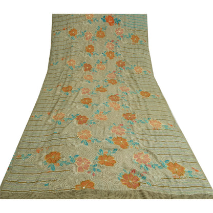 Sanskriti Vintage Sarees Pastel-Green Pure Crepe Embroidered Printed Sari Sustainable Fabric