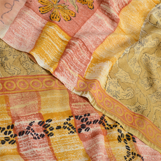 Sanskriti Vintage Sarier Flerfarvet Ren Crepe Silke Print Sari 5yd Håndværk Bæredygtigt Stoff