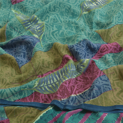 Sanskriti Vintage Sarees Indian Blue Pure Crepe Silk Printed Sari Craft Sustainable Fabric