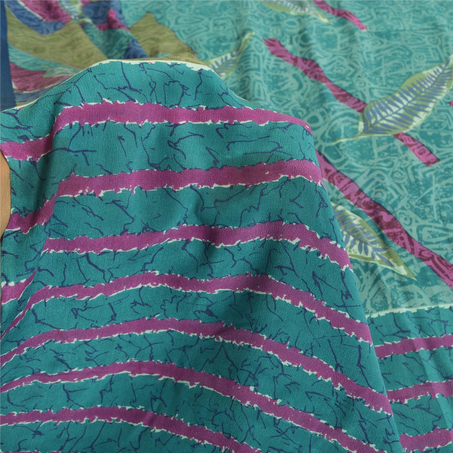 Sanskriti Vintage Sarees Indian Blue Pure Crepe Silk Printed Sari Craft Sustainable Fabric