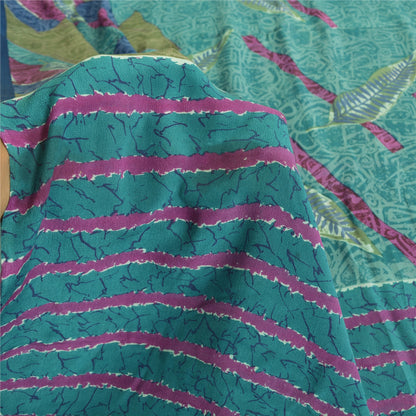 Sanskriti Vintage Sarees Indian Blue Pure Crepe Silk Printed Sari Craft Sustainable Fabric