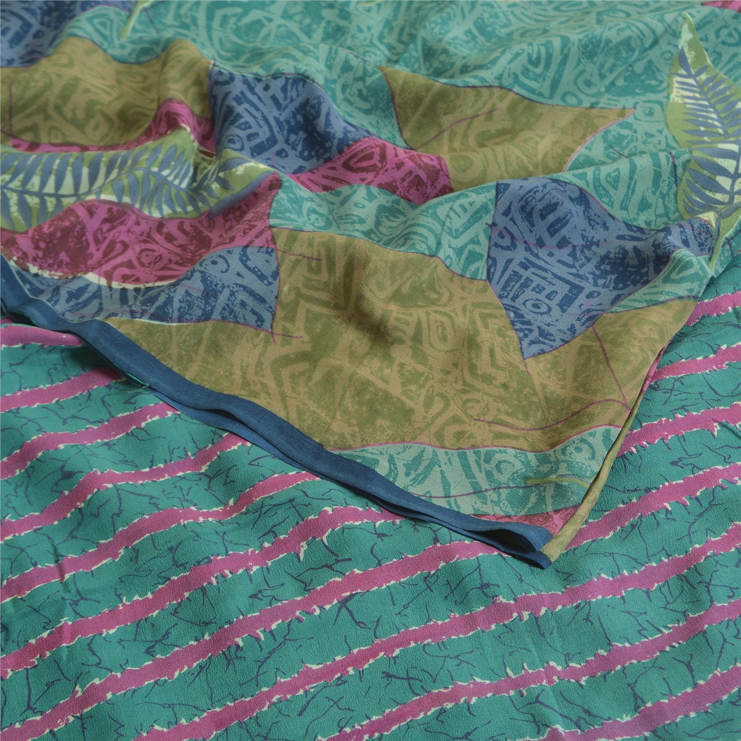 Sanskriti Vintage Sarees Indian Blue Pure Crepe Silk Printed Sari Craft Sustainable Fabric