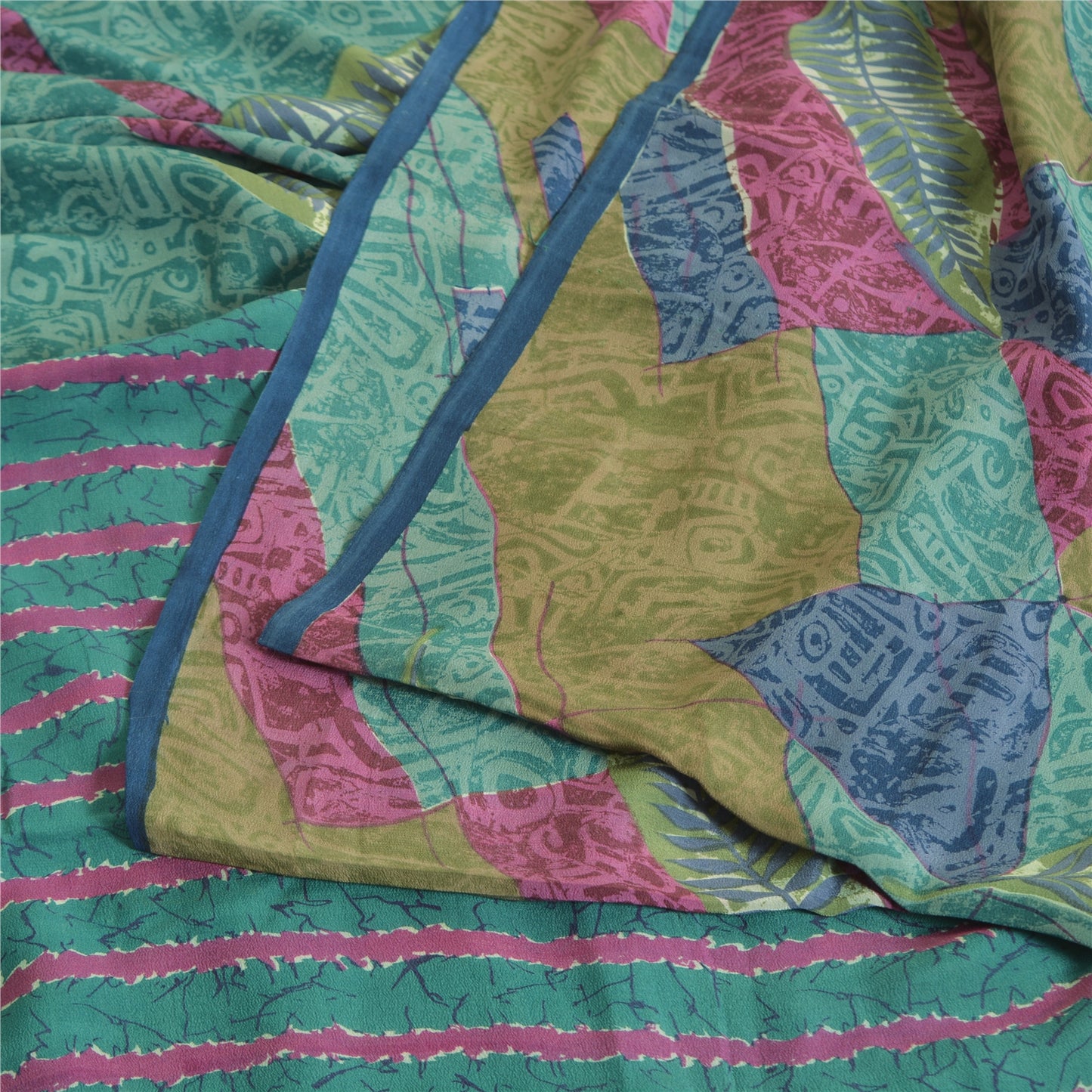 Sanskriti Vintage Sarees Indian Blue Pure Crepe Silk Printed Sari Craft Sustainable Fabric