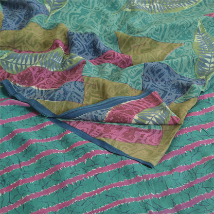 Sanskriti Vintage Sarees Indian Blue Pure Crepe Silk Printed Sari Craft Sustainable Fabric