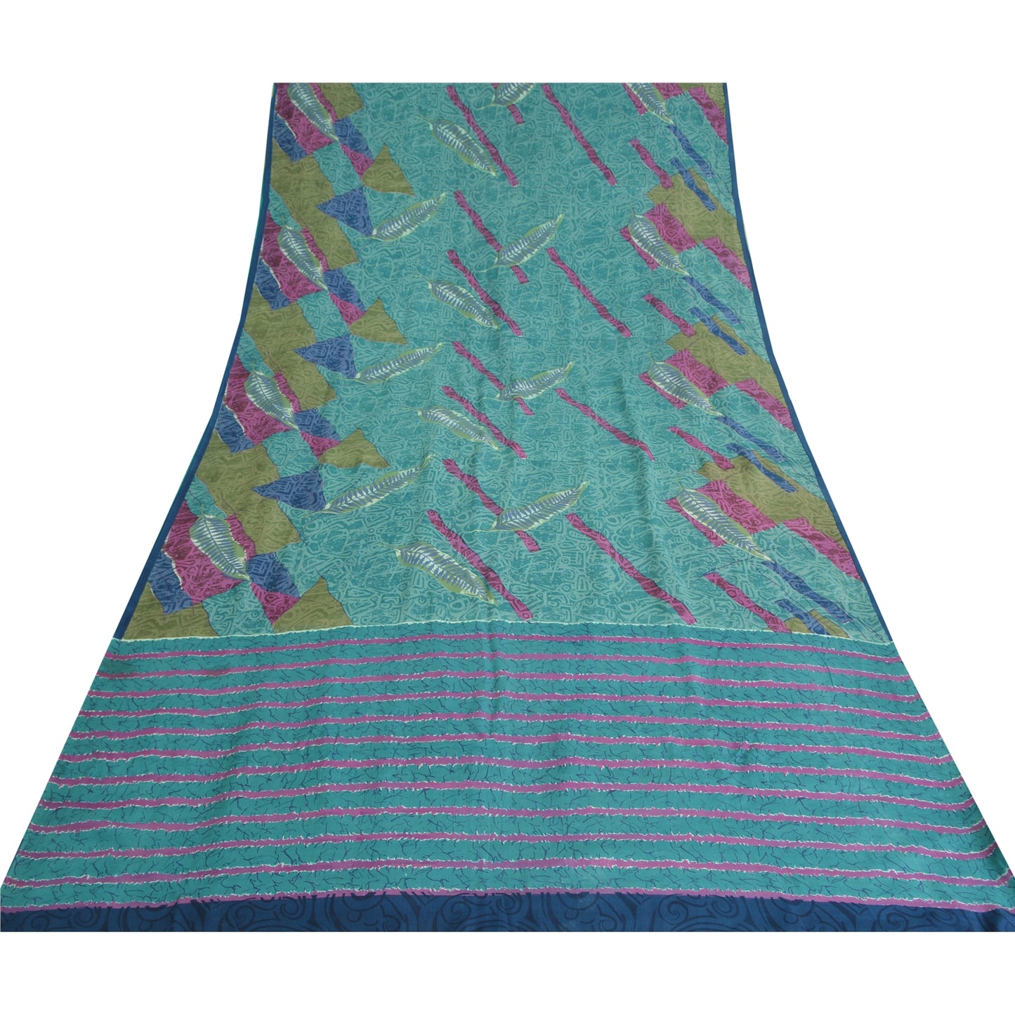 Sanskriti Vintage Sarees Indian Blue Pure Crepe Silk Printed Sari Craft Sustainable Fabric