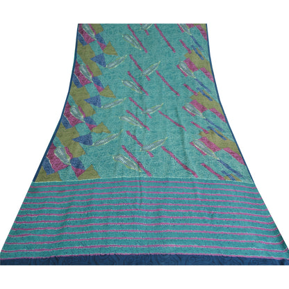 Sanskriti Vintage Sarees Indian Blue Pure Crepe Silk Printed Sari Craft Sustainable Fabric