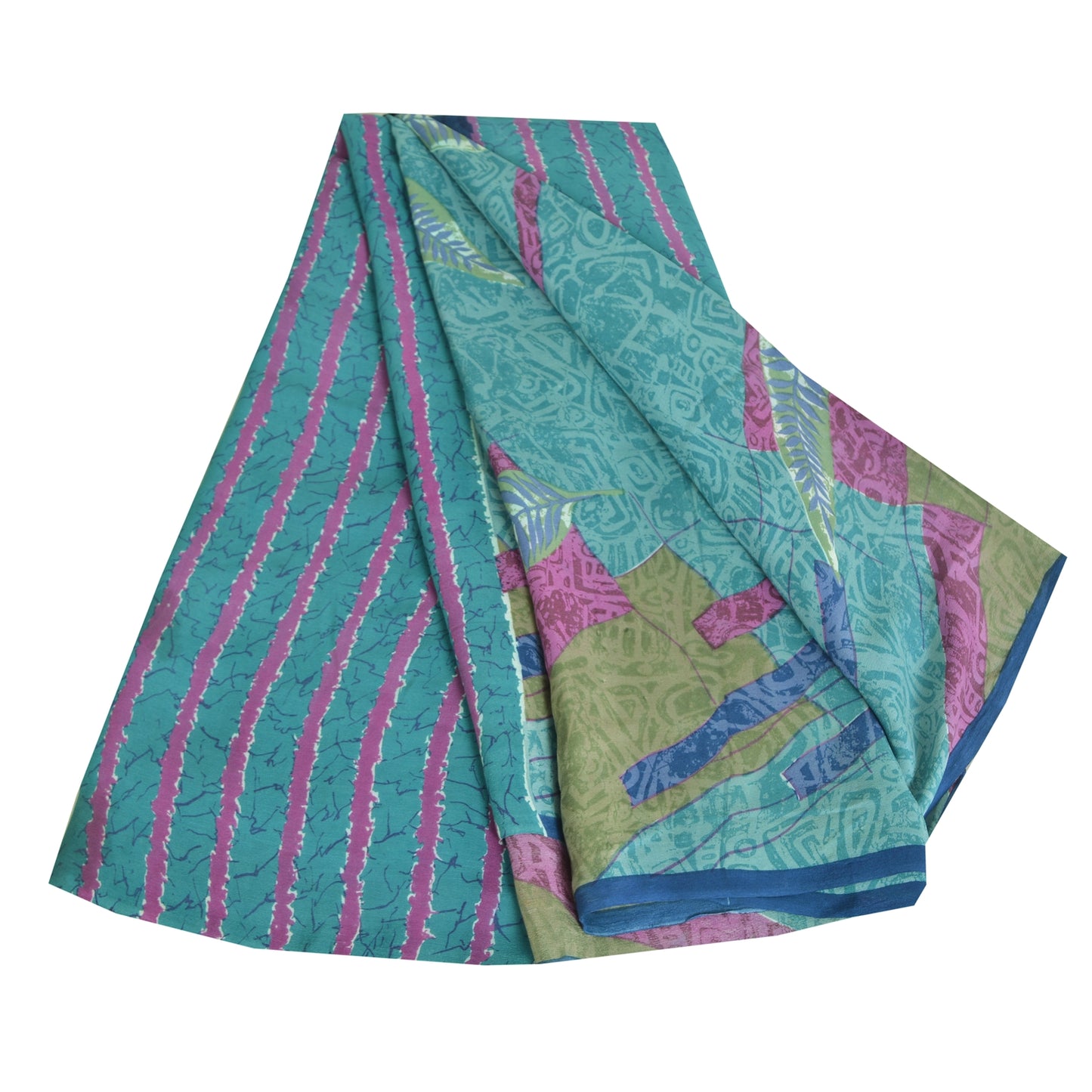 Sanskriti Vintage Sarees Indian Blue Pure Crepe Silk Printed Sari Craft Sustainable Fabric