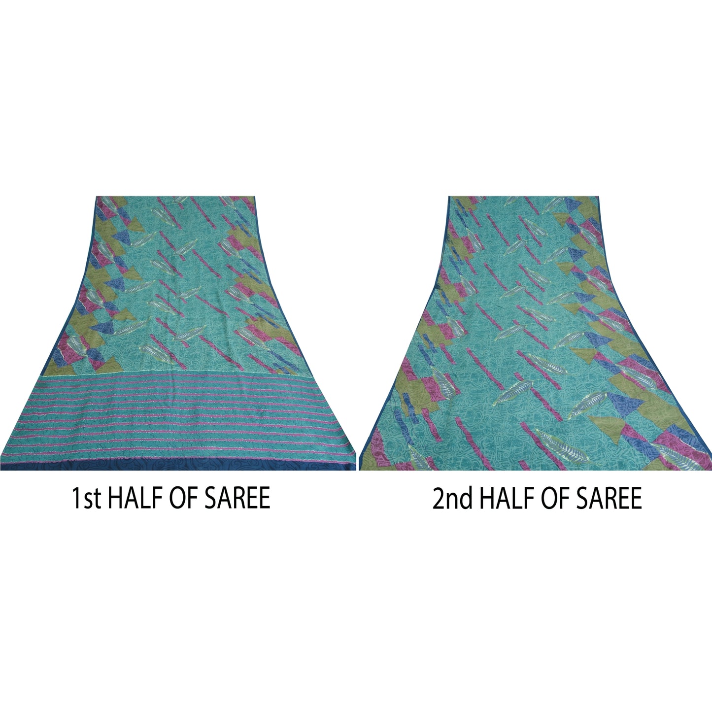 Sanskriti Vintage Sarees Indian Blue Pure Crepe Silk Printed Sari Craft Sustainable Fabric