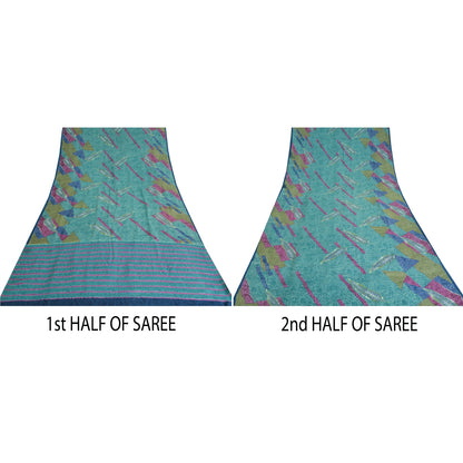 Sanskriti Vintage Sarees Indian Blue Pure Crepe Silk Printed Sari Craft Sustainable Fabric
