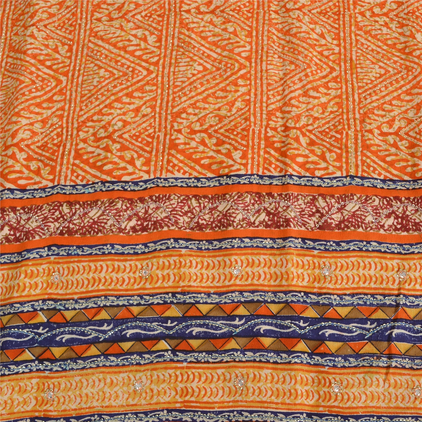 Sanskriti Vintage Sarees Orange Pure Crepe Silk Printed Sari 5yd Craft Sustainable Fabric