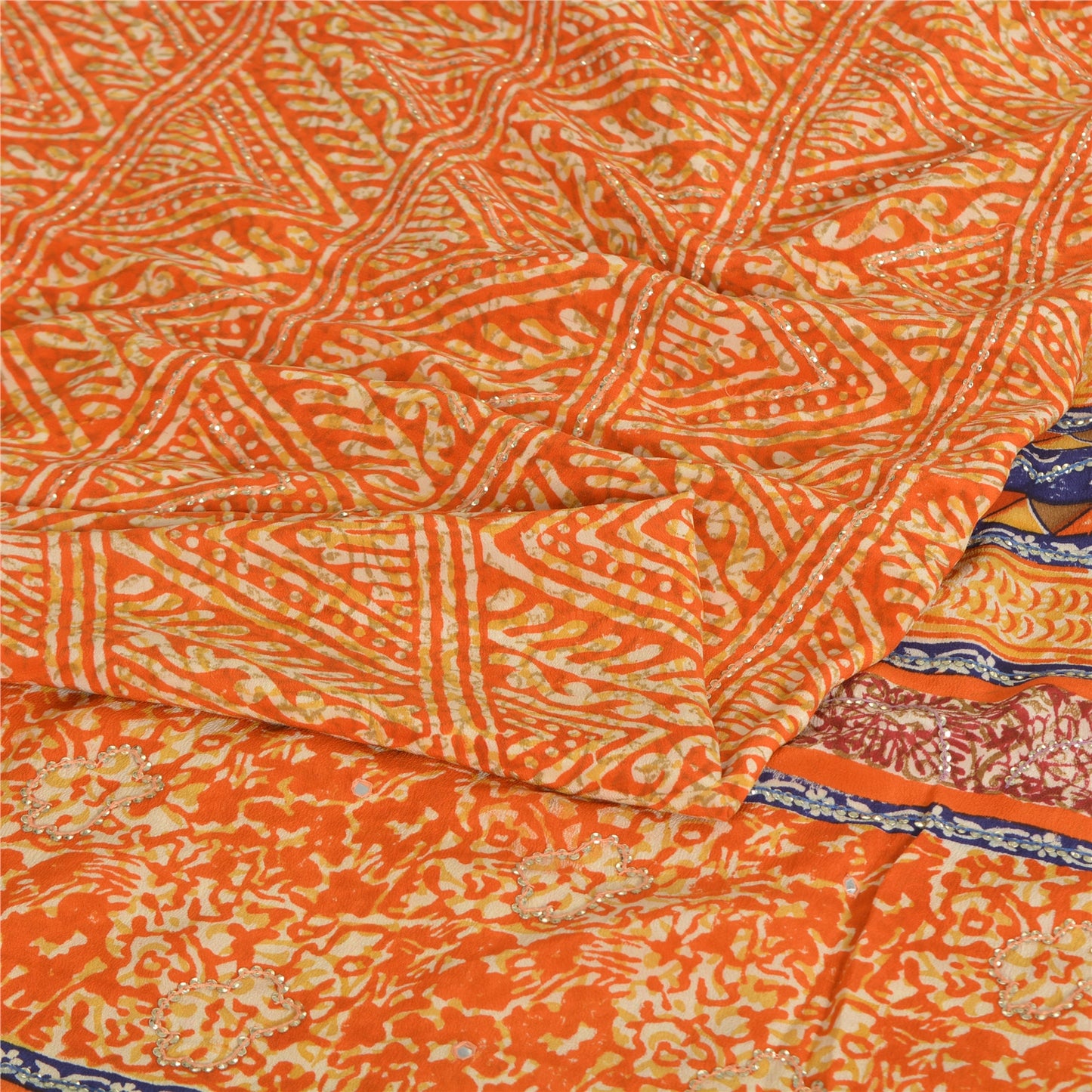 Sanskriti Vintage Sarees Orange Pure Crepe Silk Printed Sari 5yd Craft Sustainable Fabric