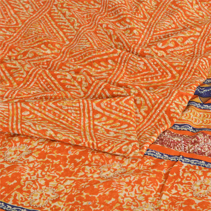 Sanskriti Vintage Sarees Orange Pure Crepe Silk Printed Sari 5yd Craft Sustainable Fabric