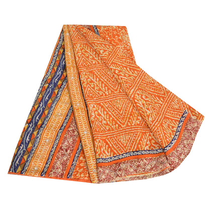 Sanskriti Vintage Sarees Orange Pure Crepe Silk Printed Sari 5yd Craft Sustainable Fabric