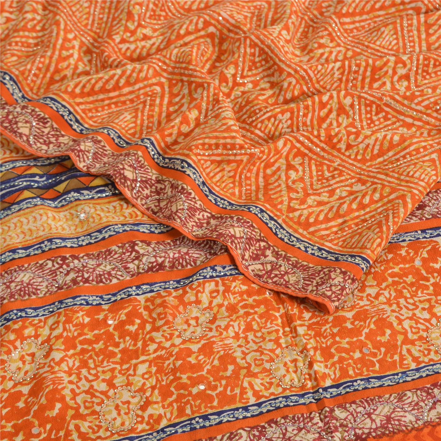 Sanskriti Vintage Sarees Orange Pure Crepe Silk Printed Sari 5yd Craft Sustainable Fabric