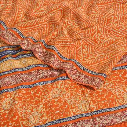 Sanskriti Vintage Sarees Orange Pure Crepe Silk Printed Sari 5yd Craft Sustainable Fabric