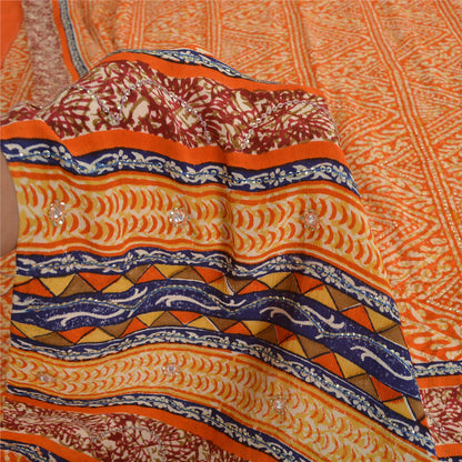 Sanskriti Vintage Sarees Orange Pure Crepe Silk Printed Sari 5yd Craft Sustainable Fabric
