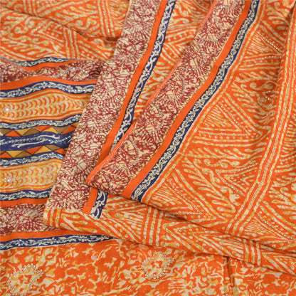 Sanskriti Vintage Sarees Orange Pure Crepe Silk Printed Sari 5yd Craft Sustainable Fabric