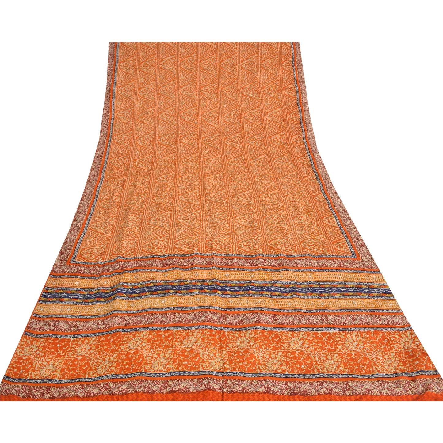 Sanskriti Vintage Sarees Orange Pure Crepe Silk Printed Sari 5yd Craft Sustainable Fabric