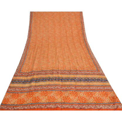Sanskriti Vintage Sarees Orange Pure Crepe Silk Printed Sari 5yd Craft Sustainable Fabric