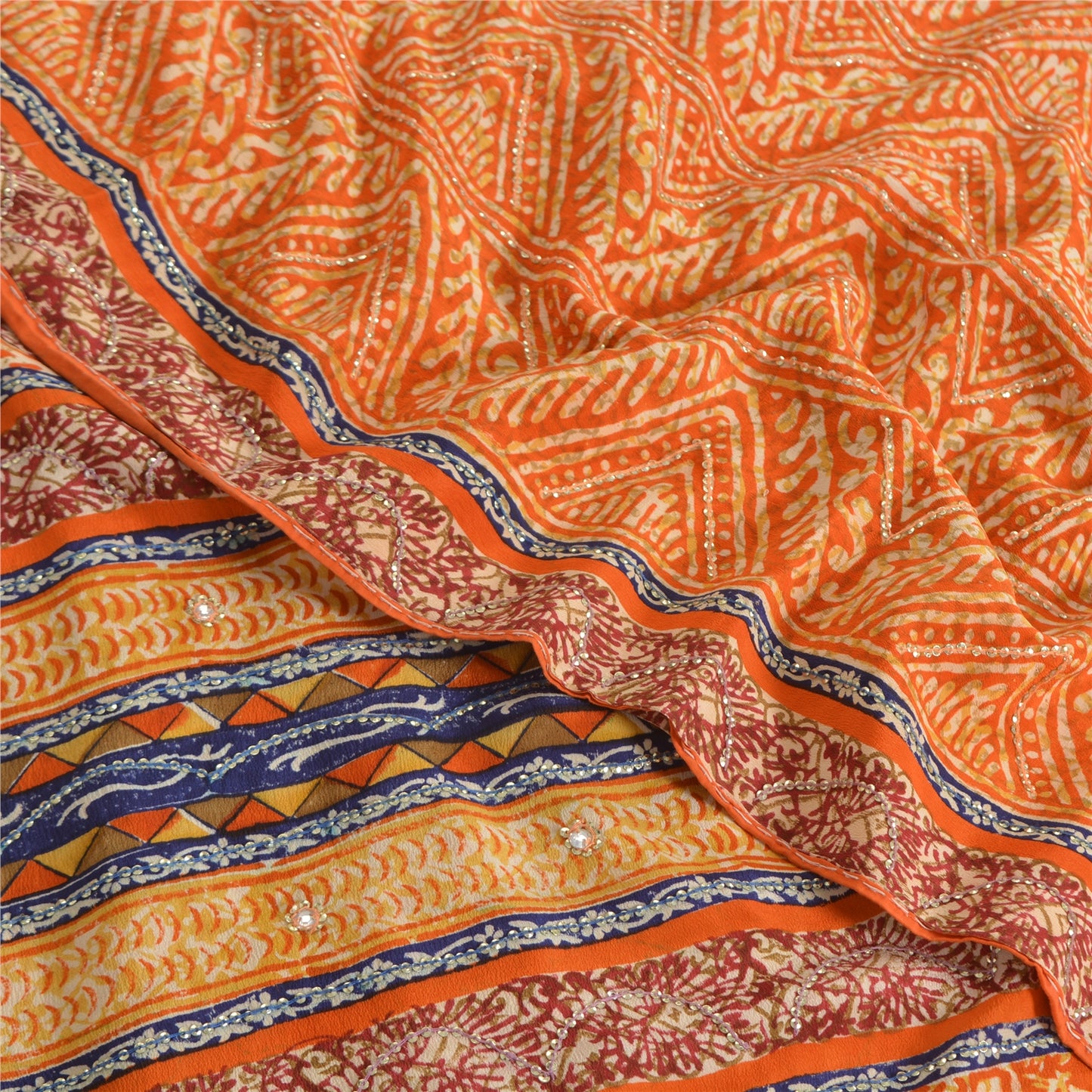 Sanskriti Vintage Sarees Orange Pure Crepe Silk Printed Sari 5yd Craft Sustainable Fabric