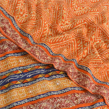 Sanskriti Vintage Sarees Orange Pure Crepe Silk Printed Sari 5yd Craft Sustainable Fabric