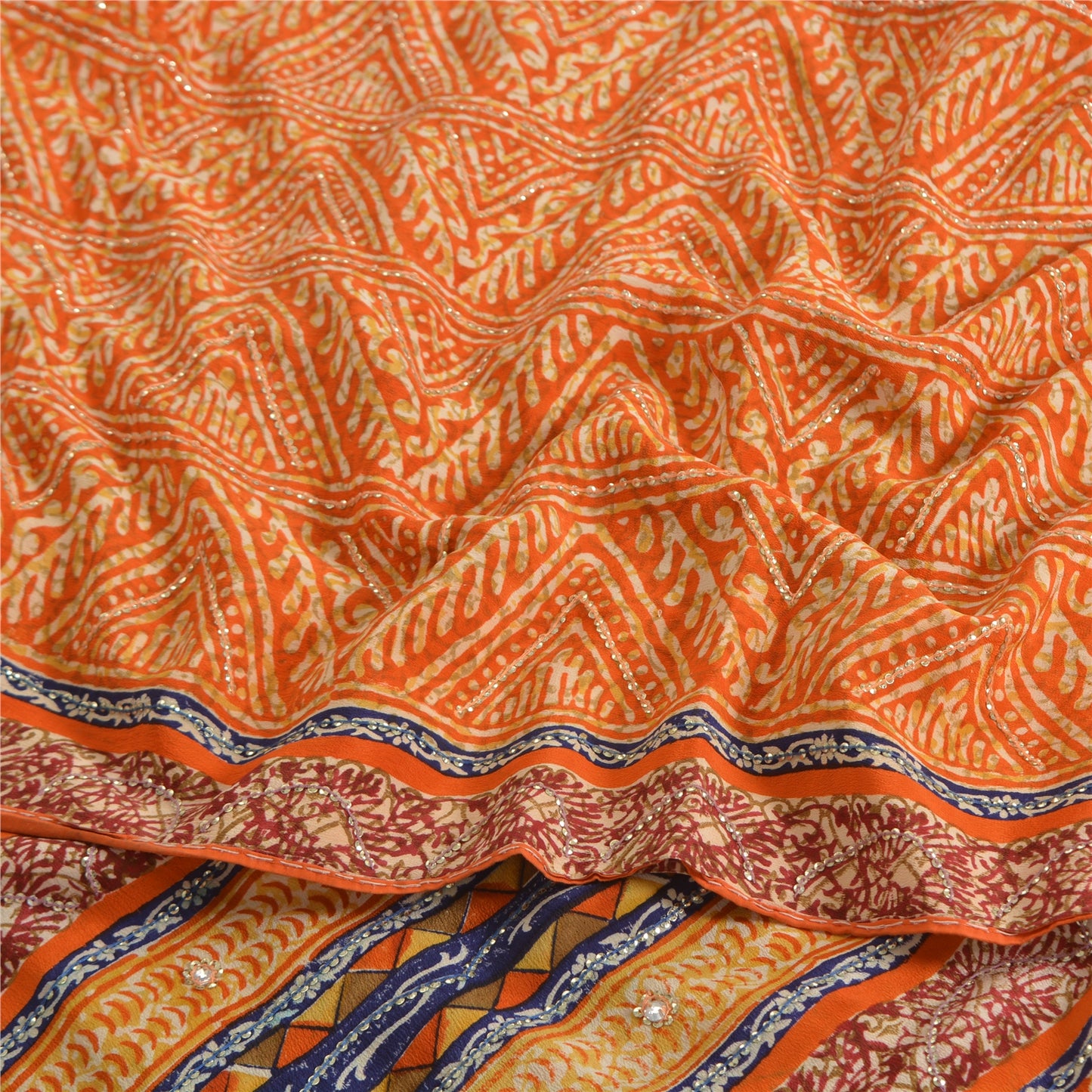 Sanskriti Vintage Sarees Orange Pure Crepe Silk Printed Sari 5yd Craft Sustainable Fabric