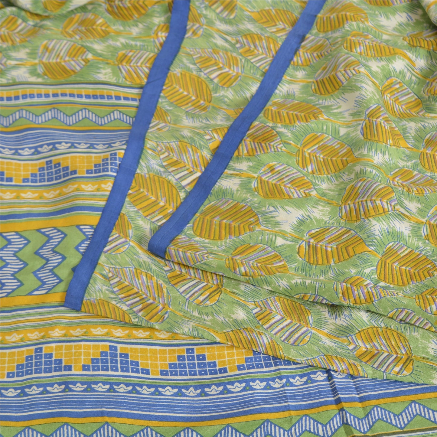 Sanskriti Vintage Sarees Green Pure Crepe Silk Printed Sari 5yd Craft Sustainable Fabric