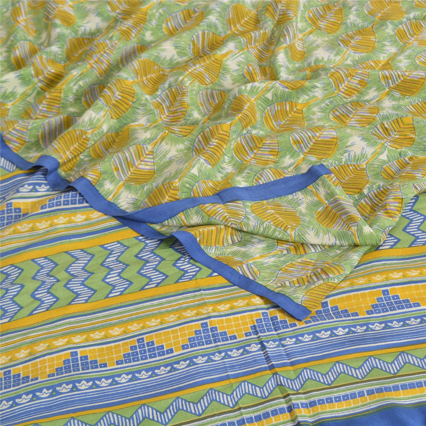 Sanskriti Vintage Sarees Green Pure Crepe Silk Printed Sari 5yd Craft Sustainable Fabric