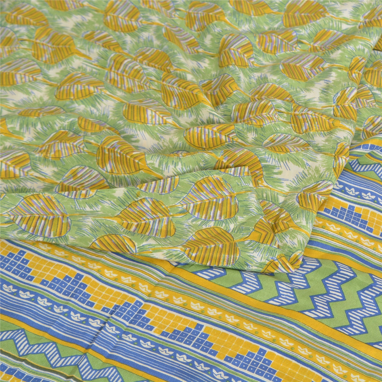 Sanskriti Vintage Sarees Green Pure Crepe Silk Printed Sari 5yd Craft Sustainable Fabric