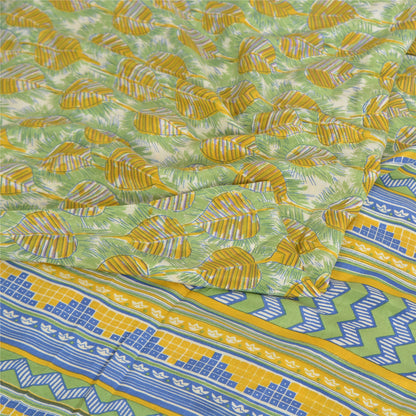 Sanskriti Vintage Sarees Green Pure Crepe Silk Printed Sari 5yd Craft Sustainable Fabric