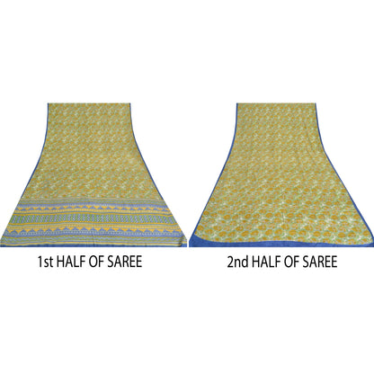 Sanskriti Vintage Sarees Green Pure Crepe Silk Printed Sari 5yd Craft Sustainable Fabric