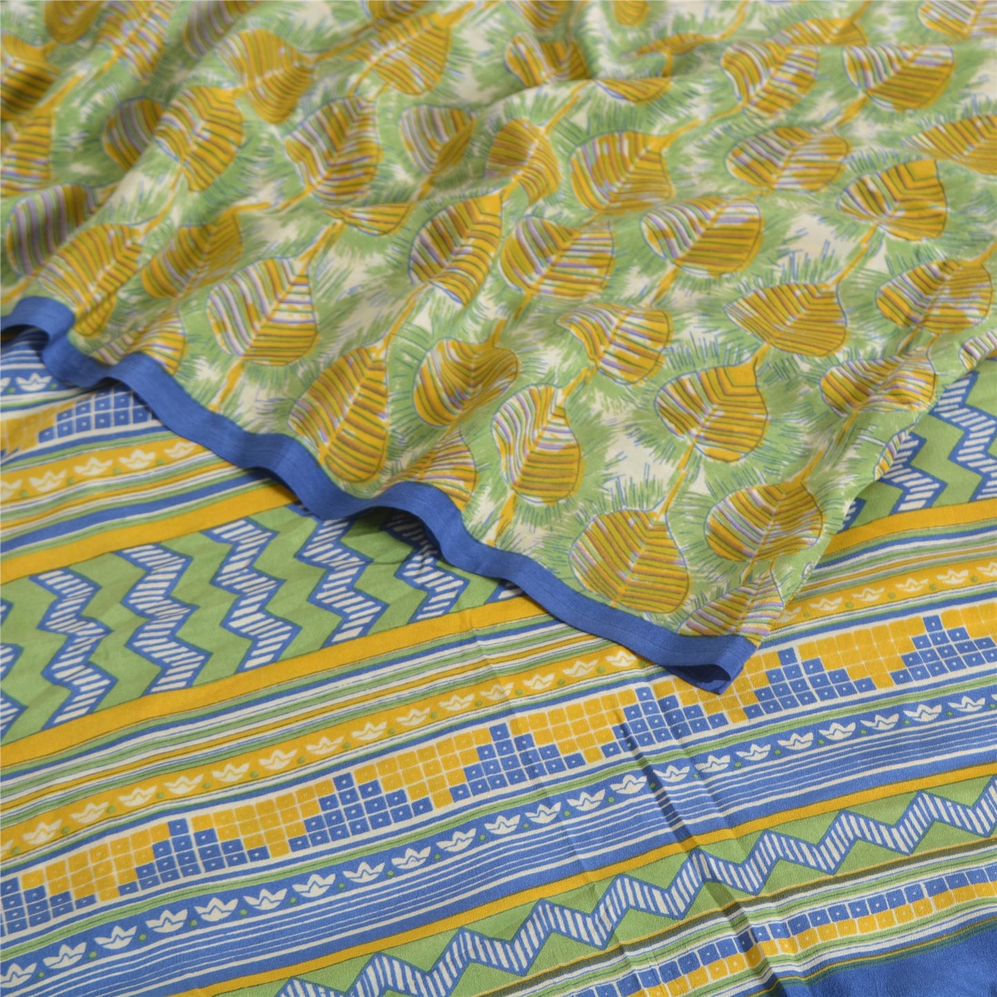 Sanskriti Vintage Sarees Green Pure Crepe Silk Printed Sari 5yd Craft Sustainable Fabric