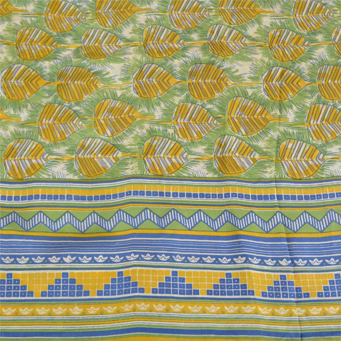 Sanskriti Vintage Sarees Green Pure Crepe Silk Printed Sari 5yd Craft Sustainable Fabric