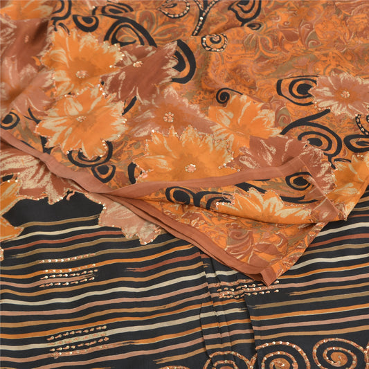 Sanskriti Vintage Sarees Saffron Embroidered Pure Crepe Printed Sari 5yd Sustainable Fabric