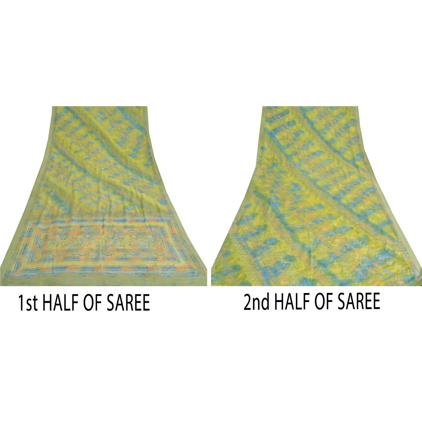 Sanskriti Vintage Sarees Green Pure Crepe Silk Printed Sari Floral Craft Sustainable Fabric